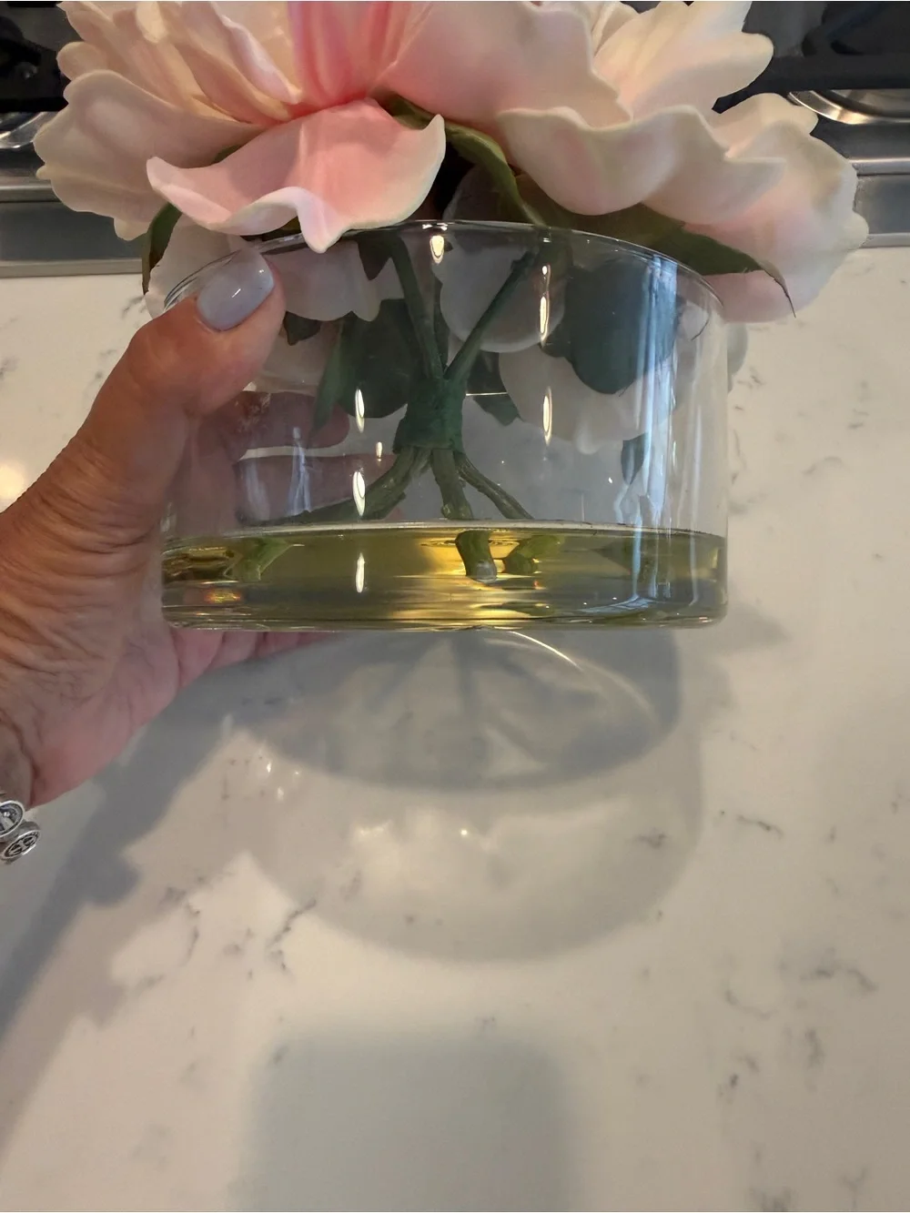 Faux Blush Pink Peony Floral Arrangement in Glass Vase Faux Water Cottage Decor